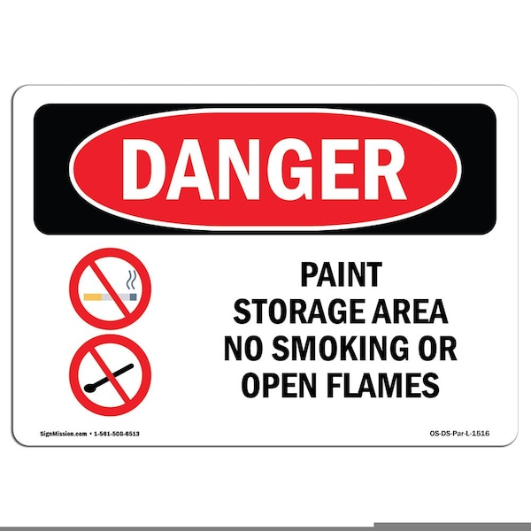 OSHA Sign, Paint Storage Area No Smoking Or Open Flames, 18in X 12in Plastic, 12" W, 18" L, Lndscp
